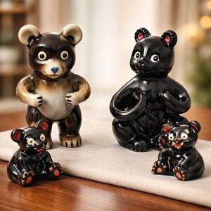 Vintage Anthromorphic Whimsical Black Bear Cubs And Parents Hand Painted Redware